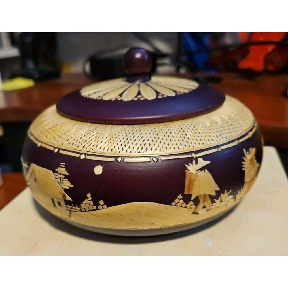 Handmade Straw Marquetry Wooden Trinket Bowl W/ Lid Village Scenery 6” Round - Picture 7 of 8
